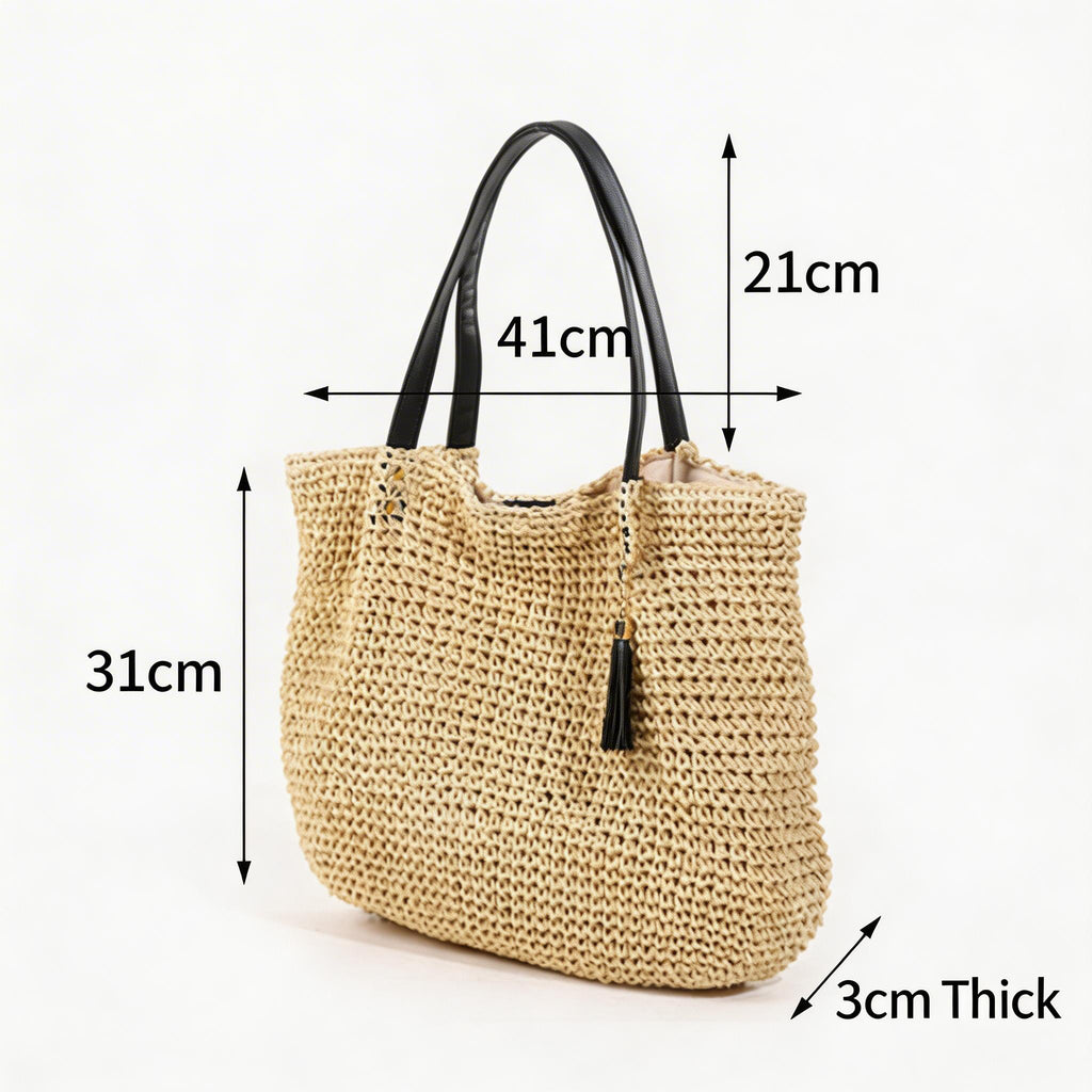 Large-Capacity French Retro Straw Tassel Shoulder Woven Beach Bag