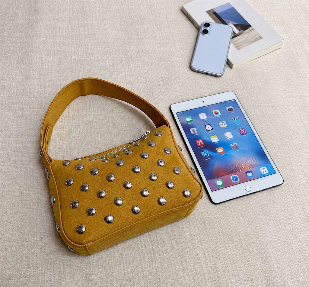 Suede Studded Shoulder Bag with Sleek Zipper Closure