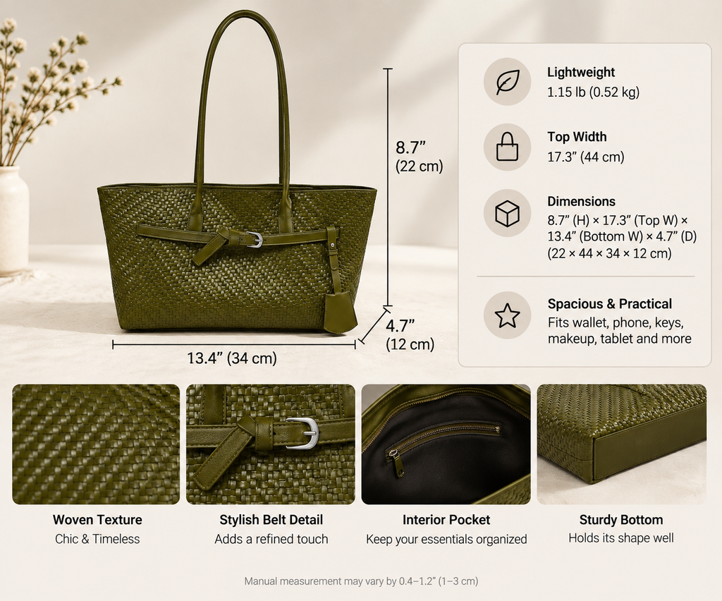 Textured Woven East-West Tote Bag with Belt Buckle Detail