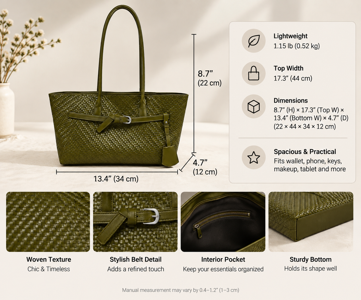 Textured Woven East-West Tote Bag with Belt Buckle Detail