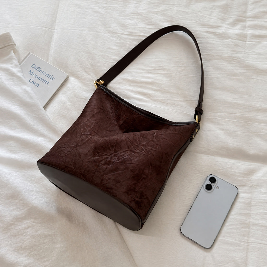 Vintage Faux Suede Slouchy Hobo Shoulder Bag with Crossbody Strap