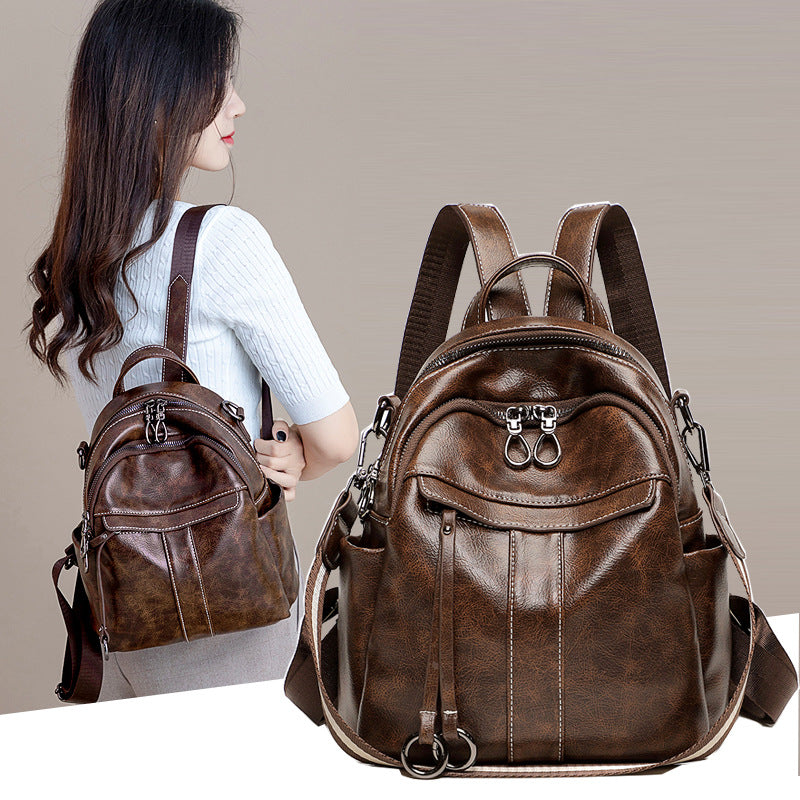 Anti-Theft Backpack For Women 2026 Spring New Easy To Wear Retro Oil Wax Leather Multi-Purpose Backpack Casual Travel Bag Commuting