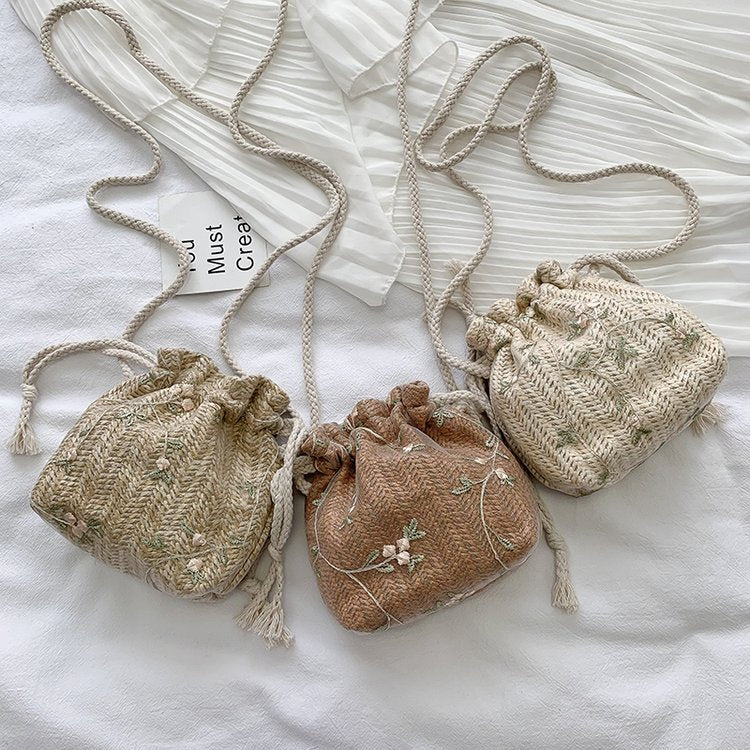 Mini Straw Woven Bucket Shoulder Crossbody Bag