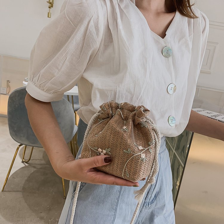 Mini Straw Woven Bucket Shoulder Crossbody Bag