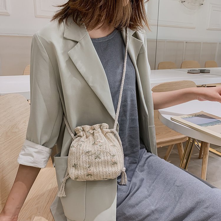 Mini Straw Woven Bucket Shoulder Crossbody Bag