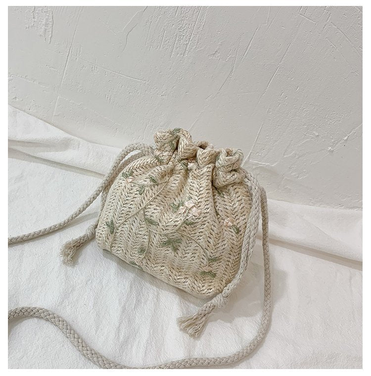 Mini Straw Woven Bucket Shoulder Crossbody Bag