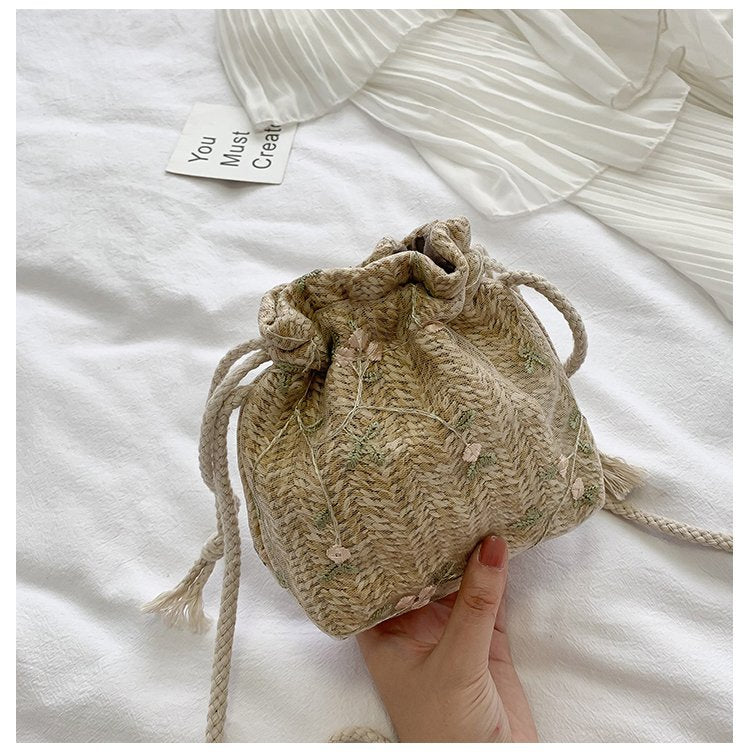 Mini Straw Woven Bucket Shoulder Crossbody Bag