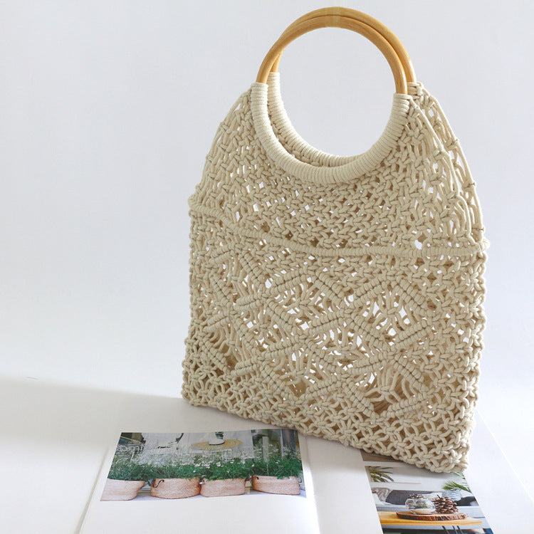 Round Rattan Handle Hollow Cotton Net Beach Bag