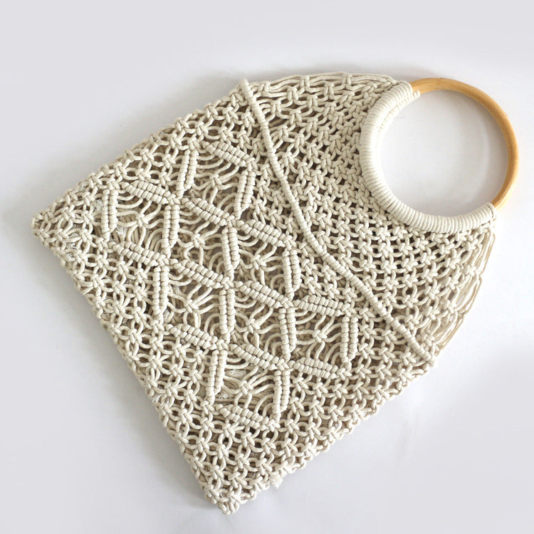 Round Rattan Handle Hollow Cotton Net Beach Bag