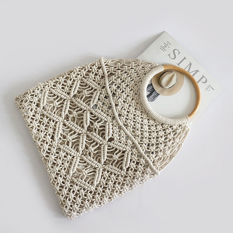 Round Rattan Handle Hollow Cotton Net Beach Bag
