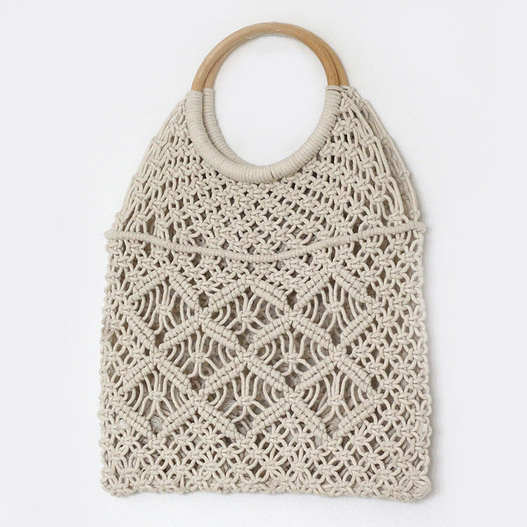 Round Rattan Handle Hollow Cotton Net Beach Bag