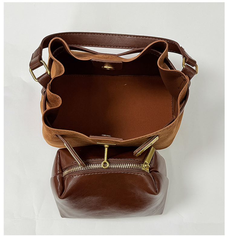 Vintage Textured Faux Suede Handbag with Metal Lock