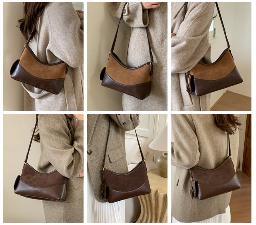 Vintage Faux Suede Shoulder Bag with PU Leather Trim