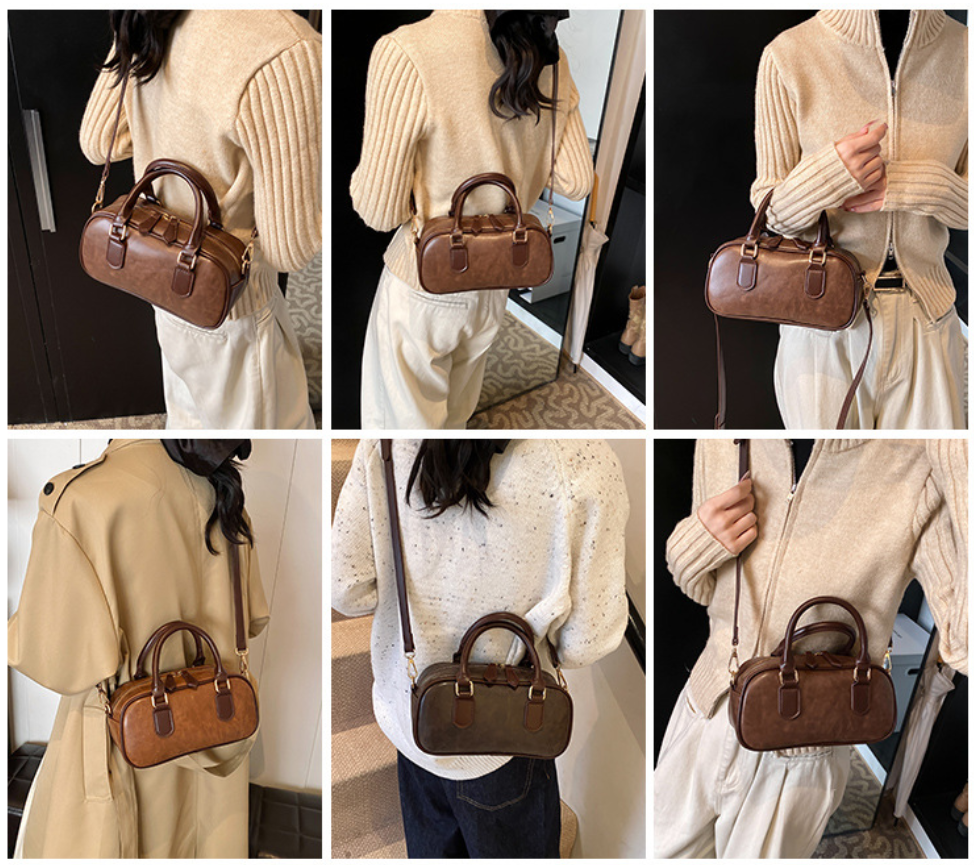 Mini Boston Bag PU Leather Handbag with Detachable Crossbody Strap