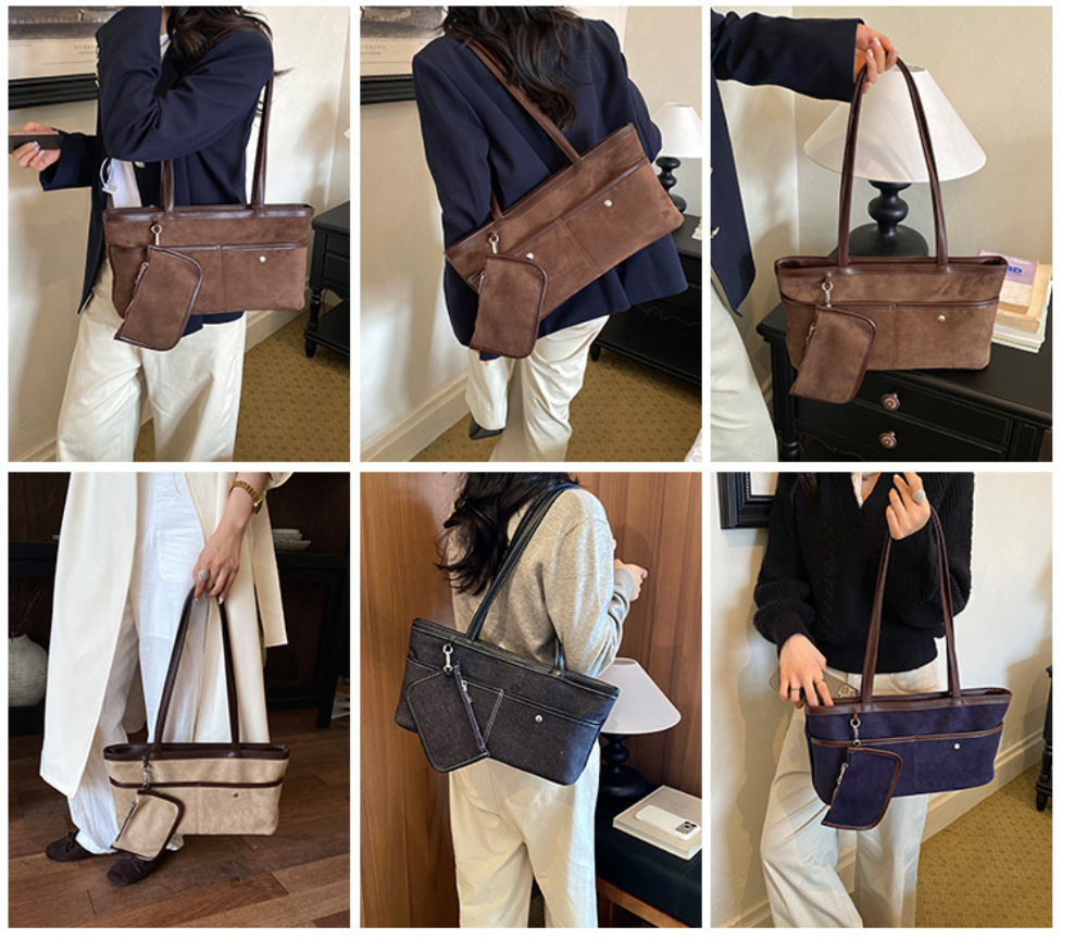 Soft Faux Suede Shoulder Tote Bag with Matching Pouch