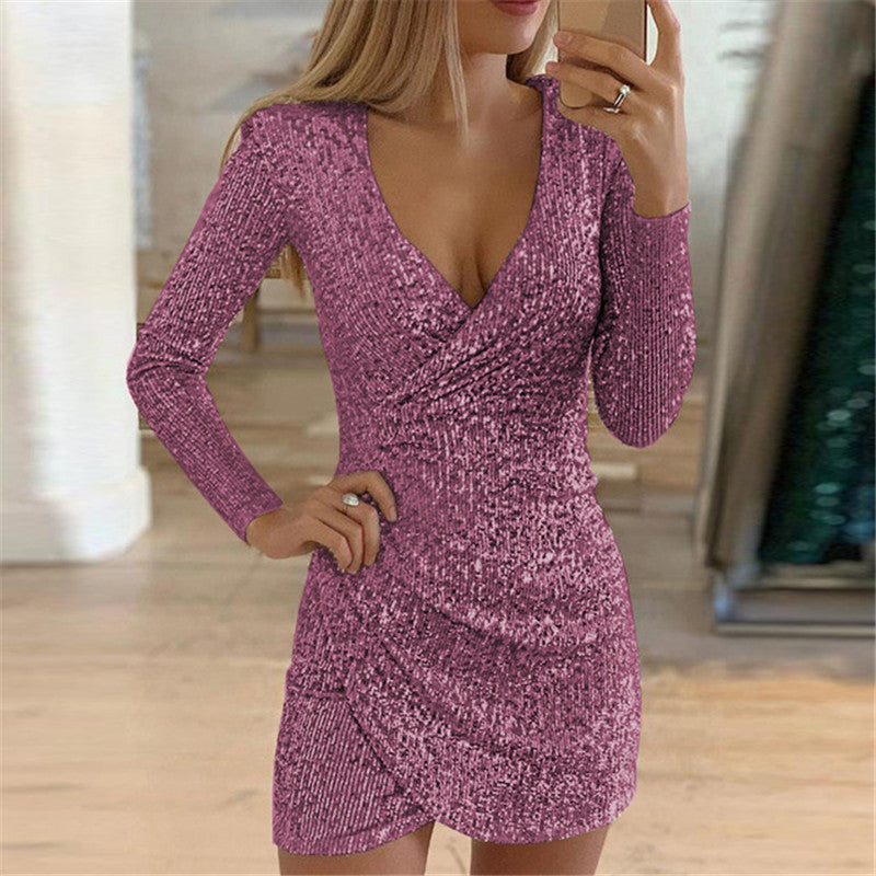Women Sexy V-Neck Hip-Hugging Irregular Short Sequin Dress
