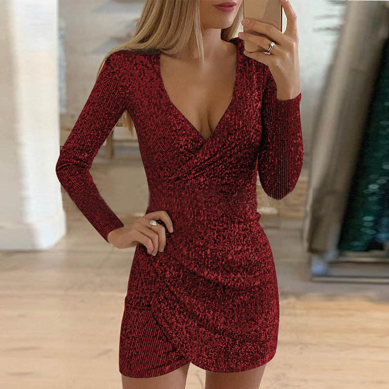 Women Sexy V-Neck Hip-Hugging Irregular Short Sequin Dress