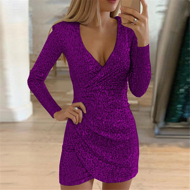 Women Sexy V-Neck Hip-Hugging Irregular Short Sequin Dress