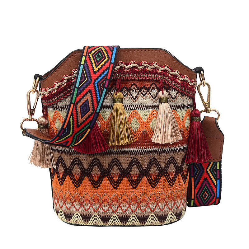 High-End Ethnic Woven Bucket Shoulder Bag