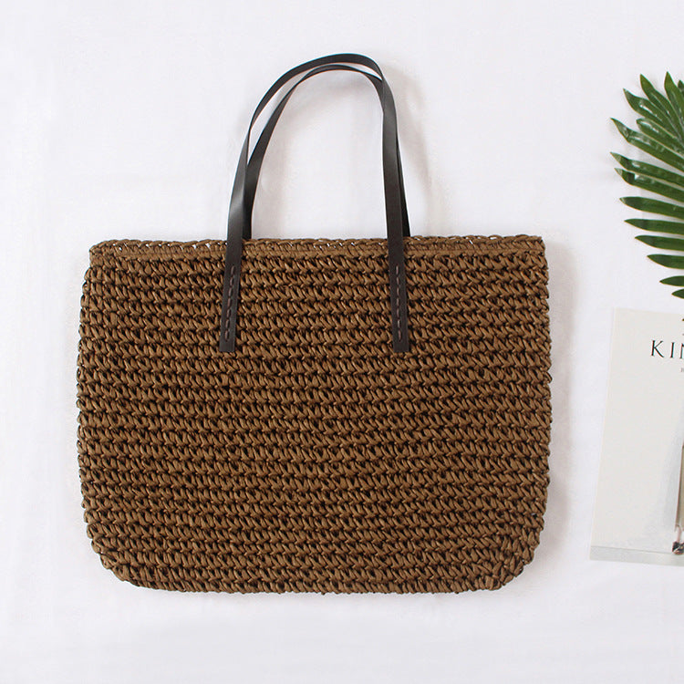 Women  Simple Casual Woven Shoulder Beach Travel Tote Bag