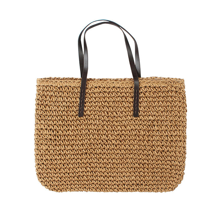 Women  Simple Casual Woven Shoulder Beach Travel Tote Bag