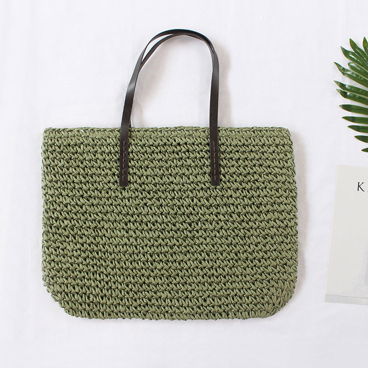 Women  Simple Casual Woven Shoulder Beach Travel Tote Bag