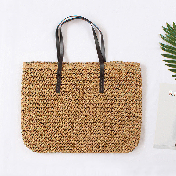 Women  Simple Casual Woven Shoulder Beach Travel Tote Bag