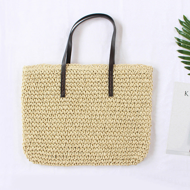 Women  Simple Casual Woven Shoulder Beach Travel Tote Bag