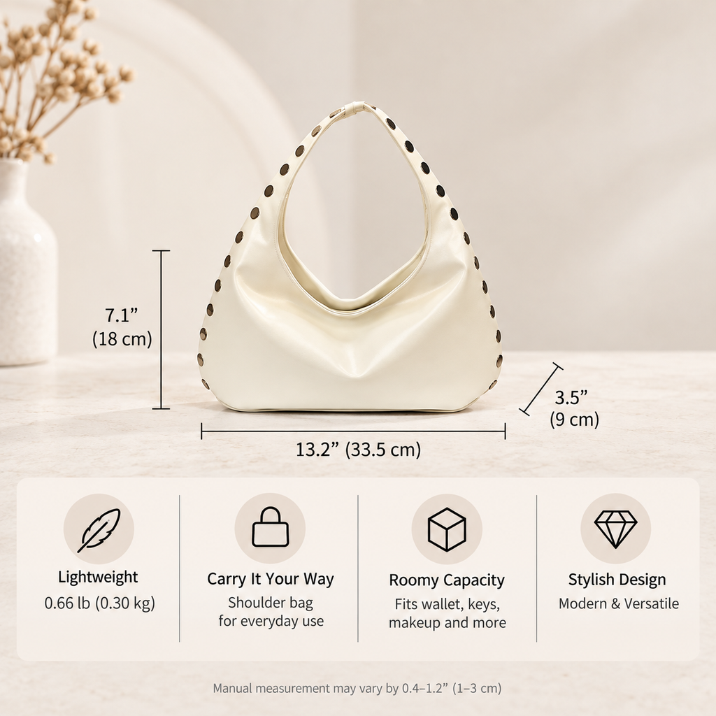 Glossy Hobo Shoulder Bag with Bold Metal Stud Detailing
