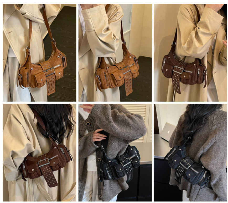 Vintage Studded Buckle Shoulder Bag with Pockets