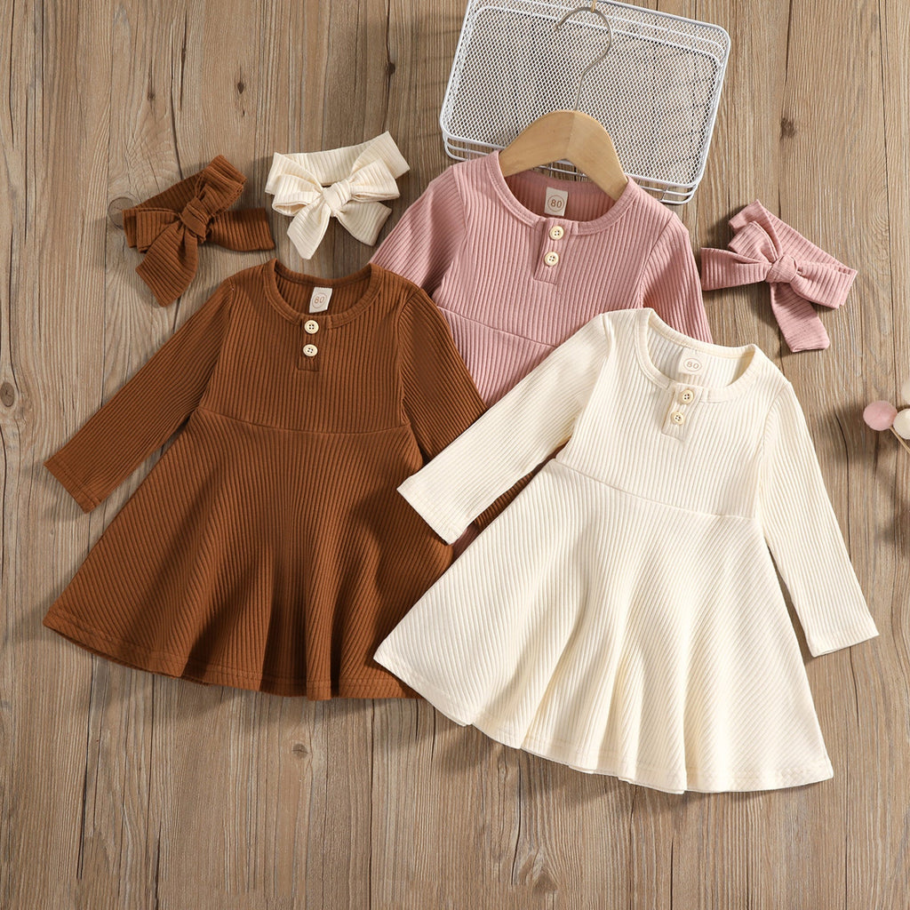 Button-Front Ribbed Long-Sleeve Midi Dress (Kids)