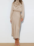 High-Neck Long-Sleeve Midi Dress