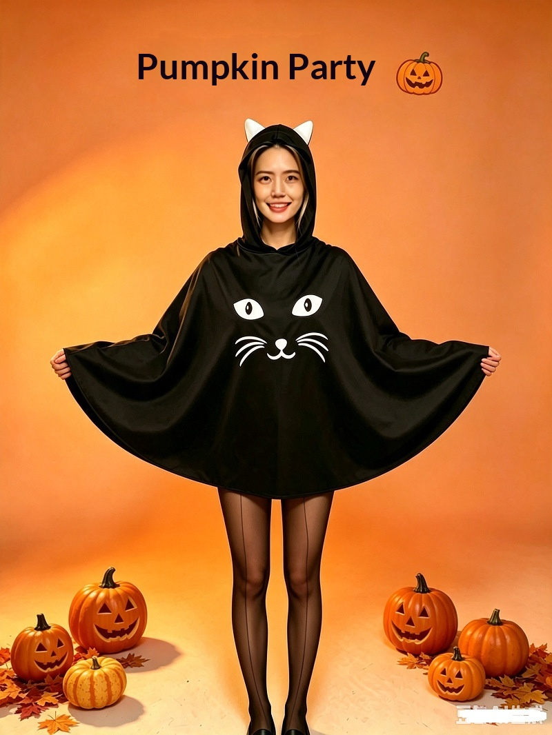 Black Cat Hooded Halloween Poncho Costume with Cat Ears