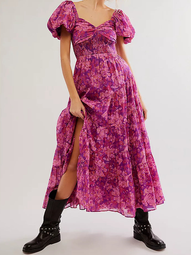 Floral Print Puff Sleeve Maxi Dress