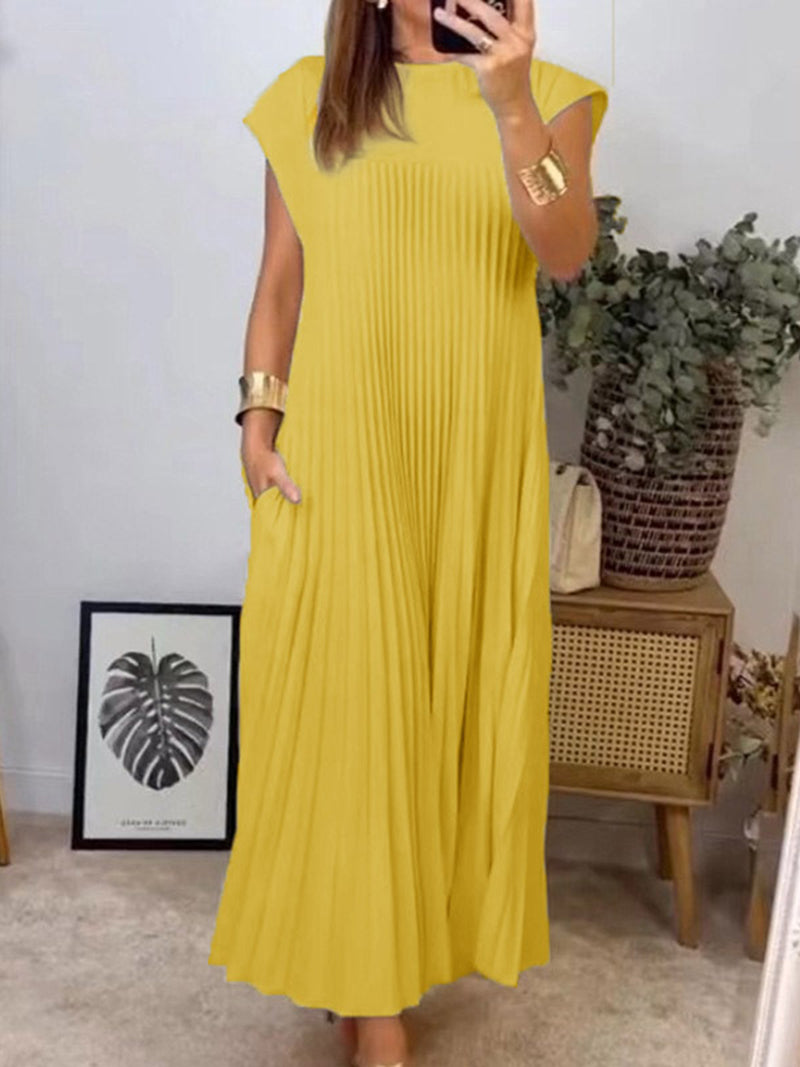 Pleated Cap-Sleeve Maxi Dress