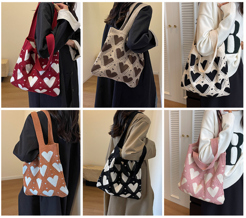 Heart Pattern Crochet Knit Shoulder Tote Bag