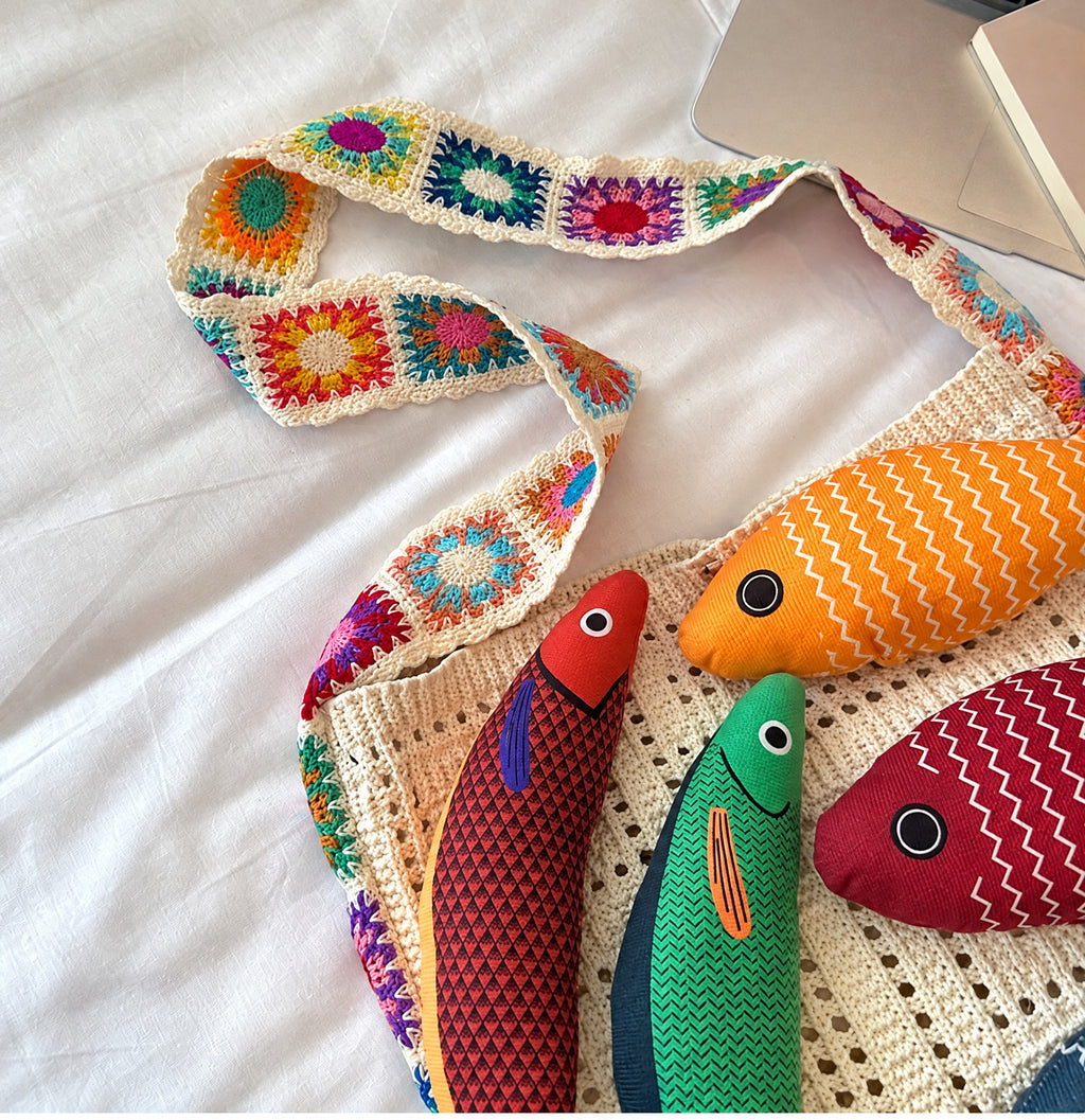 3D Fish Appliqué Granny Square Strap Mesh Knit Shoulder Bag