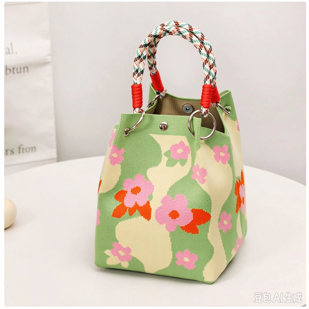 Christmas Knitted Mini Bucket Bag with Decorative Handles