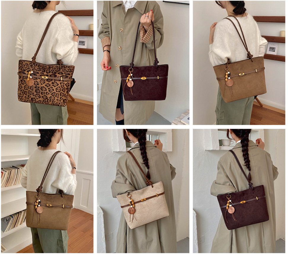 Suede Structured Buckle Detail Handbag with Long Shoulder Strap