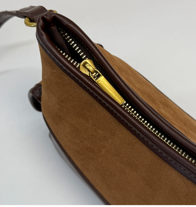 Vintage Faux Suede Shoulder Bag with PU Leather Trim