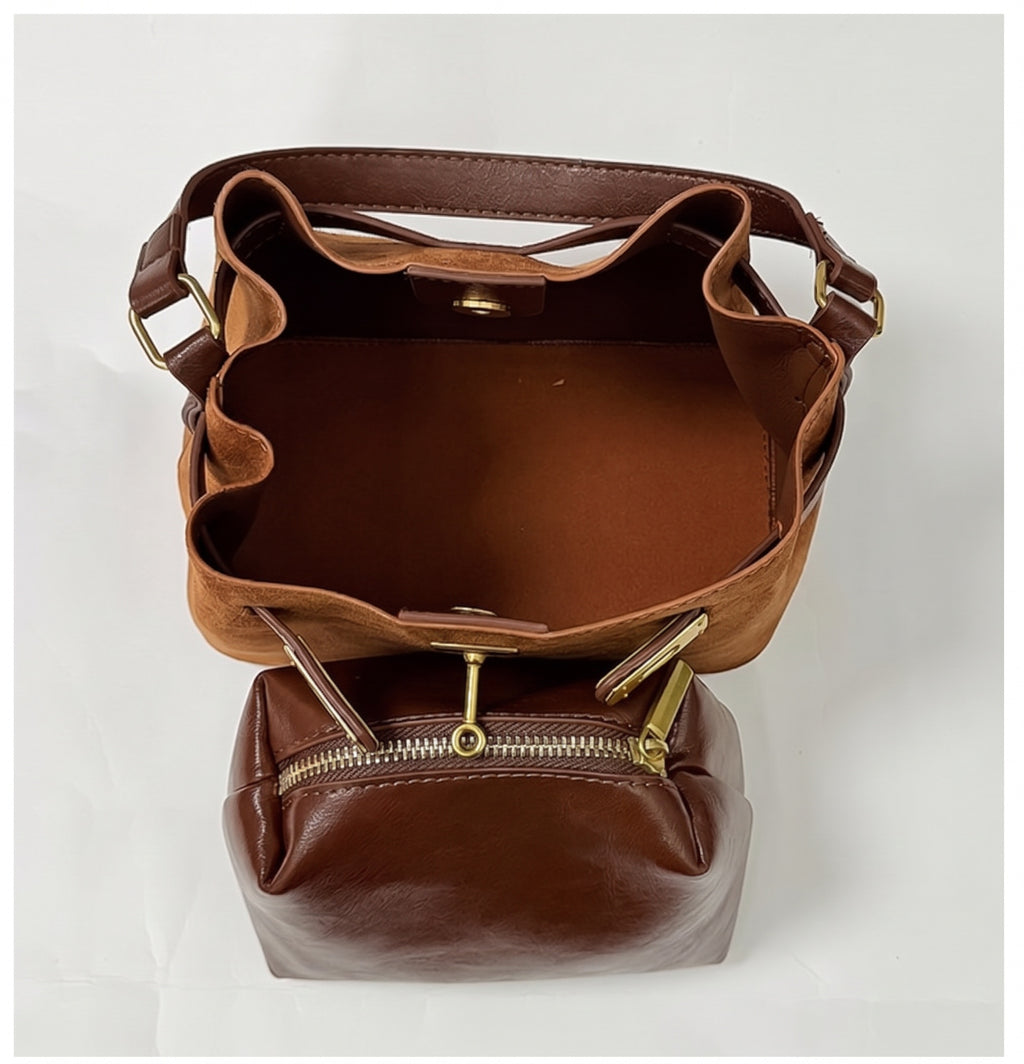 Suede Look Mini Bucket Bag with Metal Lock Detail and Adjustable Strap