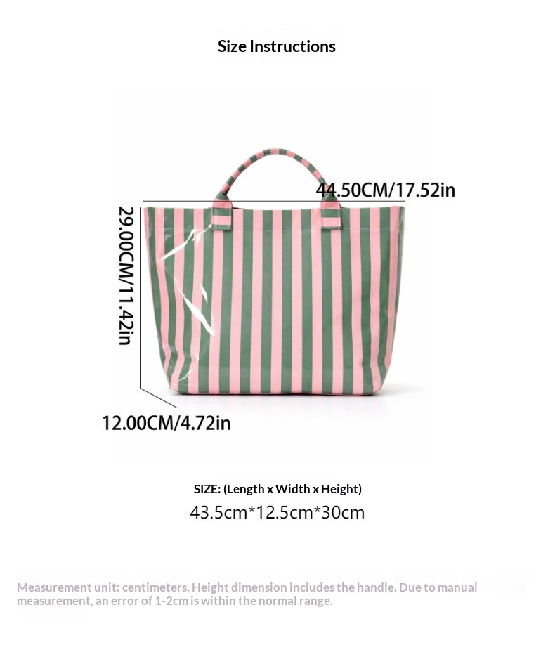 Large Striped Glossy PVC Tote Bag with Interior Zipper Pocket