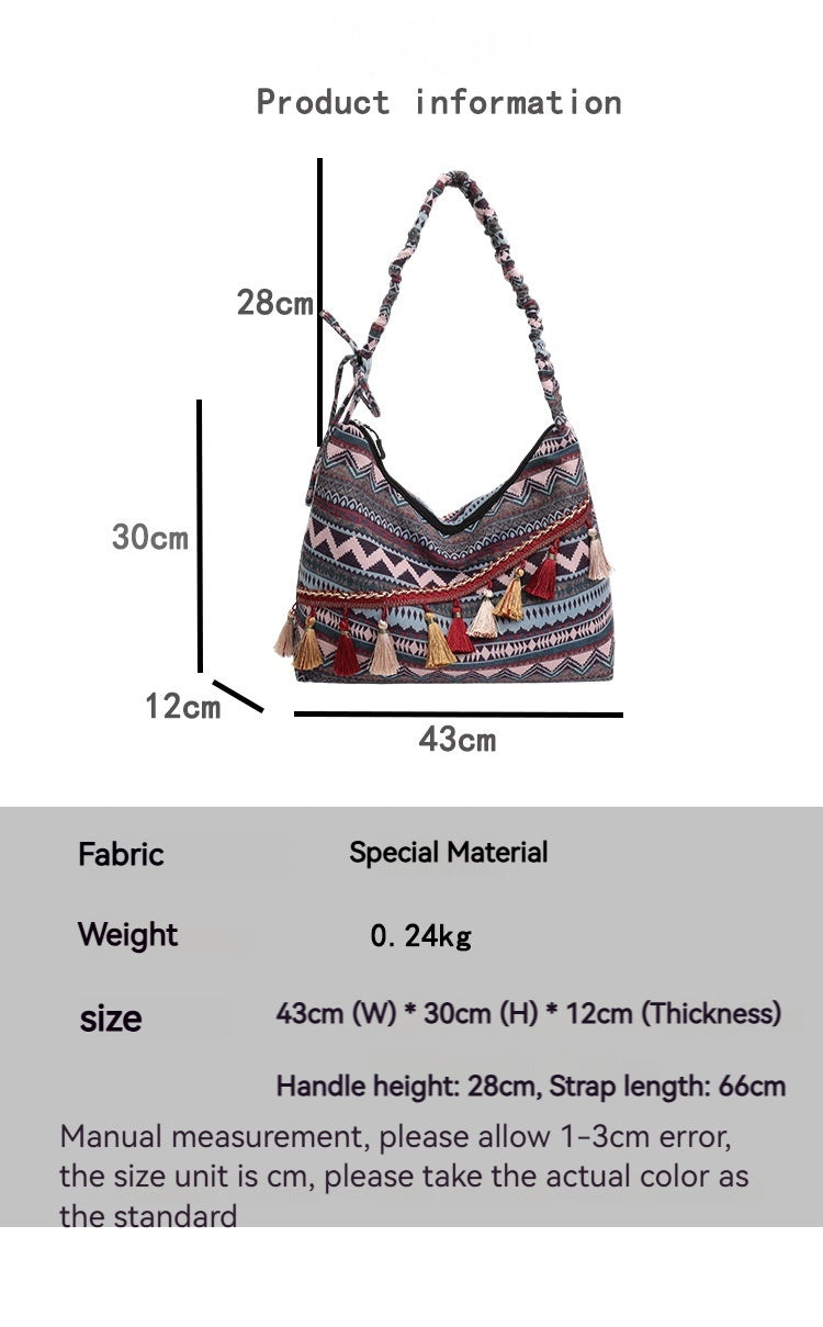 Women 2026 New Fashion Ethnic Jacquard Tassel Large Crossbody Bag