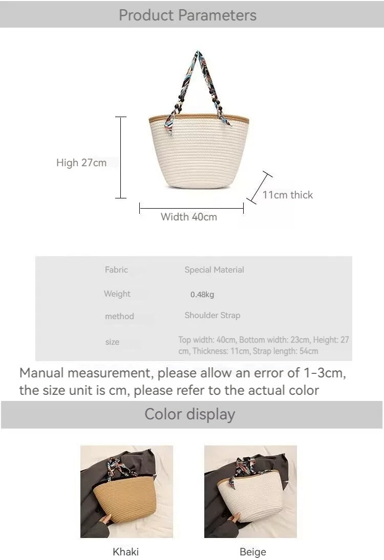Women New Straw Woven Large Scarf Tie Shoulder Beach Bag