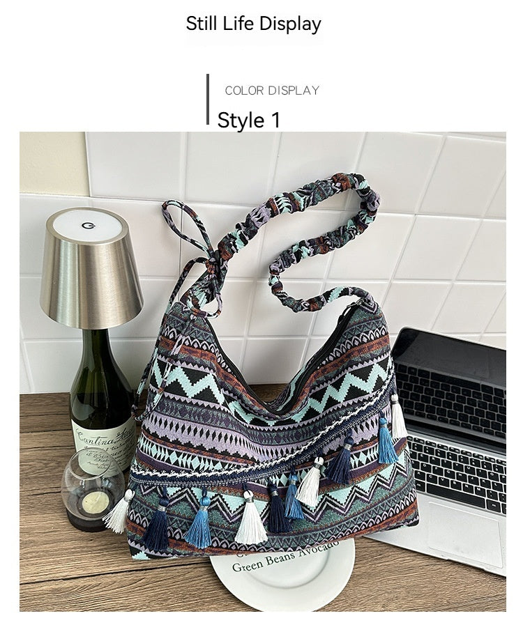 Women 2026 New Fashion Ethnic Jacquard Tassel Large Crossbody Bag