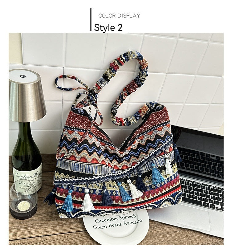 Women 2026 New Fashion Ethnic Jacquard Tassel Large Crossbody Bag