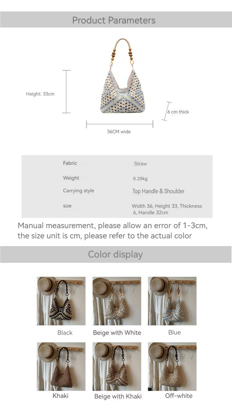 Women Summer Hollow Straw 2026 New Vintage Wood Bead Shoulder Beach Bag