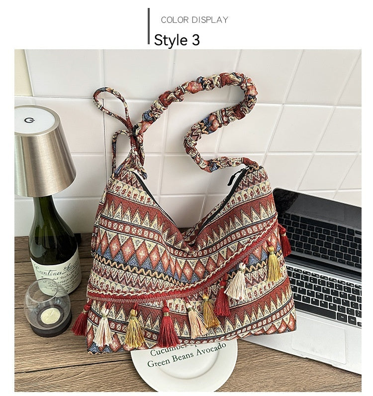 Women 2026 New Fashion Ethnic Jacquard Tassel Large Crossbody Bag