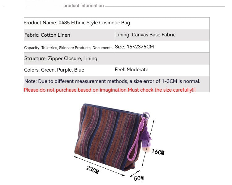 Women Colorful Stripe Tassel Handheld Ethnic Zipper Travel Pouch