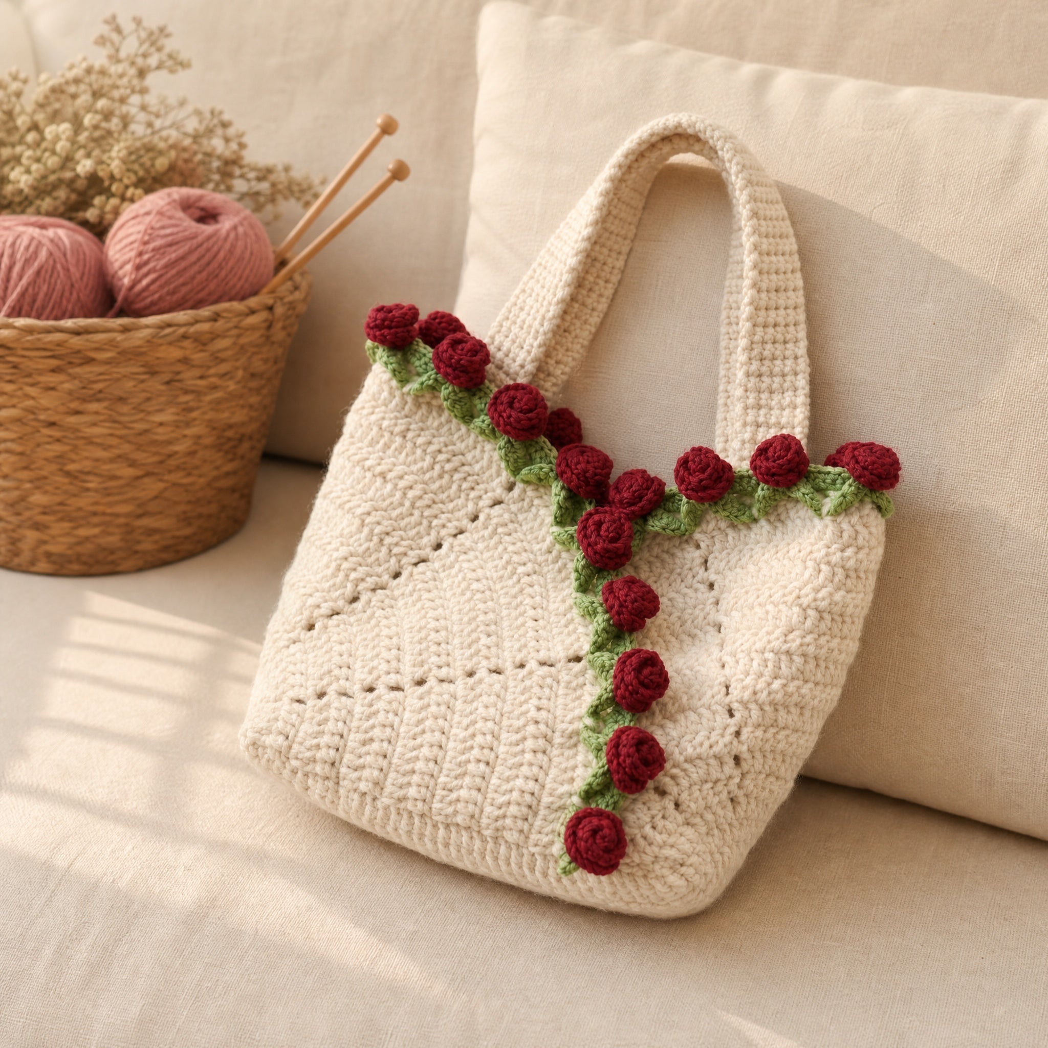 Rose Hand Knitting Yarn Crochet Woven Floral Bouquet Bag